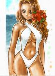  blue_eyes brown_hair flower hibiscus long_hair miki_(akibin66) one-piece_swimsuit sling_bikini swimsuit 
