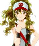  bad_id baseball_cap brown_eyes brown_hair curly_hair frown hat holding holding_poke_ball long_hair poke_ball pokemon pokemon_(game) pokemon_black_and_white pokemon_bw ponytail simple_background solo tank_top touko_(pokemon) unotaro vest white_background 