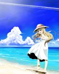  beach blonde_hair blue_eyes condensation_trail dress feet hat highres jet_stream k-on! kotobuki_tsumugi long_hair looking_back solo sundress tomo_(tomo198310) 