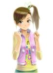  brown_hair clenched_hands futami_mami idolmaster idolmaster_2 side_ponytail simple_background ska smile solo 