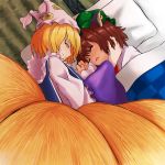  animal_ears blonde_hair brown_hair cat_ears chen closed_eyes earrings fox_tail futon hat head_hold holding_hands jewelry multiple_girls multiple_tails napalm_zero pillow short_hair sleeping smile tail touhou tsurime yakumo_ran yellow_eyes 