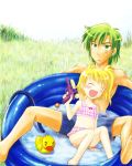  barefoot blonde_hair blush closed_eyes green_eyes green_hair happy hose lowres masaki_andoh presia_zenoskis rubber_duck side_ponytail spread_legs super_robot_wars super_robot_wars_the_lord_of_elemental sweatdrop swimsuit tankini unatama wading_pool water_gun 