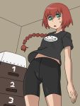  bike_shorts braid darker_than_black from_below green_eyes kyosu red_hair redhead single_braid solo suou_pavlichenko sweatdrop t-shirt twintails vaulting_horse 