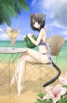  bad_proportions ball barefoot beach beachball bikini black_eyes black_hair blush cat_ears cat_tail chair cloud clouds floral_print flower food fruit hair_bobbles hair_ornament halter_top halterneck hibiscus kanzaki_miku kuroinu long_legs navel ocean original parfait side-tie_bikini side_ponytail sky swimsuit table tail watermelon 