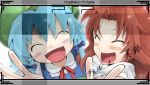  2girls blue_eyes blush bow braid china_dress chinese_clothes cirno closed_eyes hat hong_meiling long_hair multiple_girls open_mouth psp redhead short_hair smile touhou twin_braids 