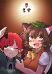  3girls :3 absurdres animal_ear_fluff animal_ears black_hair blush bow braid brown_hair cat_ears cat_tail chen detached_sleeves dress ear_piercing extra_ears fang friends gradient gradient_background green_dress green_headwear hakurei_reimu height_difference highres kaenbyou_rin multiple_girls multiple_tails nekomata one_eye_closed open_mouth piercing playing pointy_ears purupurutamago45 redhead short_hair simple_background slit_pupils tail touhou twin_braids yellow_eyes 