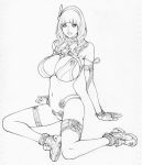  arm_support breasts cleavage drill_hair highres huge_breasts izayoi_seishin large_breasts legs lips long_hair monochrome navel original solo 