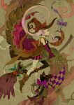  bowtie broom cape cat fish gloves halloween hat highres kotetsu_(popeethe) original pink_hair skeleton solo witch_hat 