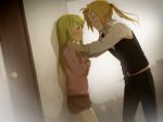  blonde_hair blue_eyes blush earrings edward_elric fullmetal_alchemist jewelry riru winry_rockbell yellow_eyes 