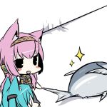  animal_ears aqua_hair blush_stickers cat_ears chibi fish hatsune_miku kemonomimi_mode megurine_luka miz_01 mizuki_(koko_lost) multiple_girls pink_hair tuna vocaloid 