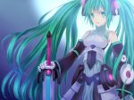  aqua_hair armor bad_id bare_shoulders detached_sleeves hatsune_miku long_hair miku_append natsujiru sword twintails very_long_hair vocaloid vocaloid_append weapon 