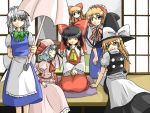  arm_behind_back bad_id black_hair blonde_hair blue_hair bow braid detached_sleeves grey_hair hair_bow hakurei_reimu hat izayoi_sakuya kirisame_marisa parasol remilia_scarlet shanghai_doll sora_no_amagumo touhou twin_braids umbrella witch_hat yellow_eyes 