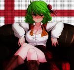  boots breasts cleavage couch cross-laced_footwear crossed_legs flower green_hair hair_flower hair_ornament kazami_yuuka lace-up_boots large_breasts open_clothes open_shirt plaid plaid_background plaid_skirt plaid_vest red_eyes red_rose roki_(hirokix) rose shaded_face shirt short_hair sitting skirt skirt_set smile solo touhou untied wink 
