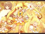  blonde_hair boots choker cure_sunshine dress futari_wa_precure hair_ribbon happy heart heartcatch_precure! knee_boots kodamari legs long_hair magical_girl midriff multiple_persona myoudouin_itsuki navel orange_eyes potpourri_(heartcatch_precure!) potpurri precure ribbon skirt smile twintails very_long_hair yellow yellow_background yellow_dress 