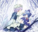  :&lt; absurdres blue_eyes blue_hair bow cirno closed_eyes comforting hair_bow hat highres lavender_hair letty_whiterock multiple_girls petting short_hair snow touhou tree wings winter wound yasuyuki 