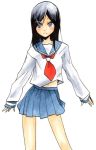  black_hair faux_traditional_media fuura_kafuka grey_eyes hair_ornament hairclip long_hair midriff richa_doa sayonara_zetsubou_sensei school_uniform serafuku skirt sleeves_past_wrists smile solo 