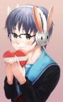  gahon glasses heart nagato_yuki rabbit_headphones school_uniform short_hair suzumiya_haruhi_no_yuuutsu yellow_eyes 