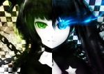  black_hair black_rock_shooter black_rock_shooter_(character) blue_eyes dead_master glowing glowing_eyes green_eyes highres light_smile split_screen star yuranpo 