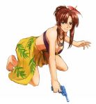  bandeau barefoot bikini blue_eyes breasts cleavage flower forte_stollen galaxy_angel gun hair_flower hair_ornament handgun hibiscus highres jewelry large_breasts monocle necklace nyama o-ring_top pistol ponytail red_hair redhead sarong short_hair swimsuit walther_p38 weapon 