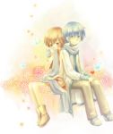  1girl blue blush butterfly couple flower kaito male meiko red scarf sekia_(akaino) skirt vocaloid young 