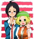  bad_id bel_(pokemon) bell_(pokemon) black_hair blonde_hair blue_eyes cheren_(pokemon) glasses green_eyes pnbt5 pokemon pokemon_(game) pokemon_black_and_white pokemon_bw short_hair smile waving 