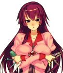  biyondo blush boxcutter breast_hold breasts crossed_arms large_breasts long_hair monogatari_(series) purple_hair scissors senjougahara_hitagi stapler very_long_hair 