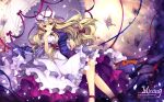  anklet blonde_hair butterfly capura.l capura_lin chin_rest crossed_legs frills hair_ribbon hat highres jewelry petals purple_eyes ribbon sitting smile solo touhou umbrella violet_eyes yakumo_yukari 