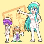  aqua_hair blonde_hair blue_eyes blush eyes frog green_hair hair_ornament hat ichien kochiya_sanae long_hair moriya_suwako multiple_girls nurse nurse_cap pantyhose purple_hair short_hair sleeves_past_wrists stethoscope thigh-highs thighhighs thumbs_up touhou white_legwear wink yasaka_kanako 