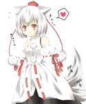  :3 animal_ears bad_id bare_shoulders detached_sleeves drooling hands_in_sleeves hat heart inubashiri_momiji kanyappe red_eyes short_hair silver_hair solo tail tail_wagging tokin_hat touhou wolf_ears wolf_tail 