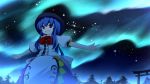  aurora aurora_borealis blue_eyes blue_hair chipika food fruit hat highres hinanawi_tenshi long_hair night outstretched_arms peach solo spread_arms star torii touhou tree 