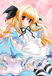  alice_(wonderland)_(cosplay) alice_in_wonderland blonde_hair cosplay dress fate_testarossa long_hair mahou_shoujo_lyrical_nanoha oreiro red_eyes slip_skirt solo striped striped_legwear striped_thighhighs thigh-highs thighhighs twintails 