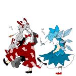  2girls artist_request back baggy_pants blue_hair bow breathing_fire breathing_ice cirno delinquent fire flame from_behind fujiwara_no_mokou grey_hair hair_bow hands_in_pockets ice lowres multiple_girls oekaki spitting touhou wings 
