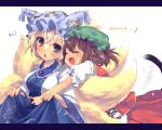  :o alternate_color animal_ears bad_id blonde_hair brown_eyes brown_hair cat_ears cat_tail chen closed_eyes earrings fang fox_tail goose_h hat hug hug_from_behind jewelry letterboxed multiple_girls multiple_tails open_mouth short_hair tail tail_hug touhou yakumo_ran 