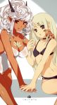  :o arm_around_neck bikini blonde_hair breasts choker cleavage dark_skin earrings flat_chest grey_eyes hair_ornament holding_hands horns interracial jewelry multiple_girls navel o-ring_bikini_top o-ring_top one-piece_swimsuit pointy_ears red_eyes sitting swimsuit viola_(seed) white_hair 