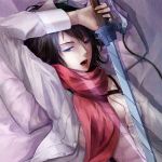  abs black_hair mikasa_ackerman open_clothes open_mouth open_shirt scarf shingeki_no_kyojin sword wailwind weapon 