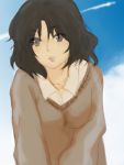  1girl amagami black_hair cloud clouds enbun messy_hair school_uniform sky solo sweater tanamachi_kaoru 