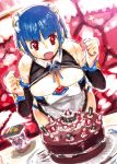  bad_id blue_hair breasts cake character_request cleavage dream_c_club food ili_(dream_c_club) kaqo large_breasts red_eyes short_hair sitting smile solo sparkle symbol-shaped_pupils 
