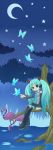  bird boots butterfly crescent_moon detached_sleeves fish flamingo hatsune_miku headset highres in_tree moon necktie sitting sitting_in_tree star tamachro thigh-highs thigh_boots thighhighs tree twintails vocaloid water 