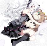  black_legwear boxcutter eyepatch frilled_kneehighs hatsune_miku headphones highres kneehighs long_hair lying no_more on_side red_eyes socks solo stitches stuffed_animal stuffed_toy teddy_bear tsumi_to_batsu_(vocaloid) twintails very_long_hair vocaloid white_hair 