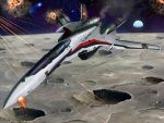  battle crater damaged earth explosion fire henry_gilliam macross macross_frontier mala mecha moon planet realistic s.m.s. saotome_alto space star vf-25 
