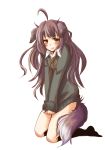  animal_ears blush bottomless dog_ears dog_tail fuwayu highres kneehighs kneeling long_hair long_sleeves no_shoes original purple_hair ribbon school_uniform shirt_tug simple_background socks solo sweater tail yellow_eyes 