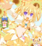  alternate_costume belly blonde_hair blue_eyes bow cosplay coupe cure_sunshine cure_sunshine_(cosplay) dress futari_wa_precure hair_bow heartcatch_precure! luna_child magical_girl marimo_(artist) midriff multiple_girls navel open_mouth outstretched_arms potpourri_(heartcatch_precure!) potpurri precure spread_arms star_sapphire sunny_milk sweatdrop touhou twintails yellow yellow_background yellow_dress 