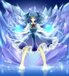  barefoot blue_eyes blue_hair bow cirno dress glowing hair_bow ice rikkunia solo touhou wings 