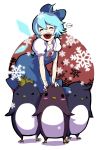  :d ^_^ animal bird blue_dress blue_hair blush blush_stickers bow cirno closed_eyes dress fairy_wings hair_bow highres mohawk open_mouth penguin puffy_sleeves short_sleeves smile snowflakes standing sum touhou wings 