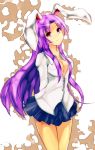 arms_behind_back bad_id breasts bunny_ears cleavage colored hijiri-taro long_hair no_bra open_clothes open_shirt purple_hair rabbit_ears red_eyes reisen_udongein_inaba shirt skirt smile touhou very_long_hair 