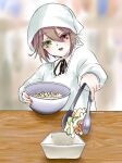  1girl alternate_costume apron black_ribbon blurry blurry_background blush bowl brown_hair commentary_request cucumber cucumber_slice green_eyes hair_between_eyes head_scarf heterochromia holding holding_bowl holding_tongs incoming_food kappougi kiru_(m_putorius) long_bangs looking_at_viewer macaroni_and_cheese_(food) neck_ribbon open_mouth pasta_salad red_eyes ribbon rozen_maiden salad_tongs shirt short_hair signature smile solo souseiseki table teeth tongs upper_body upper_teeth_only white_headwear white_shirt wooden_table 
