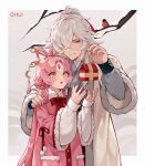  1boy 1girl absurdres blush bow-shaped_hair box chui_art couple forehead_jewel fu_xuan_(honkai:_star_rail) fur-trimmed_sleeves fur_trim gift gift_box hair_ornament hair_over_one_eye height_difference hetero high_ponytail highres holding holding_gift honkai:_star_rail honkai_(series) jing_yuan long_hair low_twintails mole mole_under_eye parted_bangs pink_hair ponytail smile twintails very_long_hair white_hair winter winter_clothes yellow_eyes 