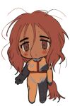  1girl :o black_bodysuit blush_stickers bodysuit borrowed_character brown_eyes brown_hair chest_harness chibi dog_girl dog_tail full_body hair_between_eyes harness lapithai long_hair looking_at_viewer lowres messy_hair orange_bodysuit original simple_background solo standing tail tareme transparent_background 