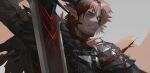  1boy absurdres arknights black_shirt demon_boy demon_horns eyepatch gloves highres hoederer_(arknights) holding horns long_hair male_focus pointy_ears red_eyes redhead shirt weapon y_(wuhanyxt) 