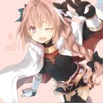  1boy astolfo_(fate) black_bow black_gloves black_shirt black_skirt black_thighhighs bow braid cape cowboy_shot fate/grand_order fate_(series) fur-trimmed_cape fur_trim garter_straps gloves gold_trim hair_bow heart kujimaru light_blush long_sleeves looking_at_viewer male_focus one_eye_closed otoko_no_ko pink_background pink_eyes pink_hair red_cape rerebrace shirt short_hair_with_long_locks simple_background skirt solo thigh-highs two-sided_cape two-sided_fabric white_cape 